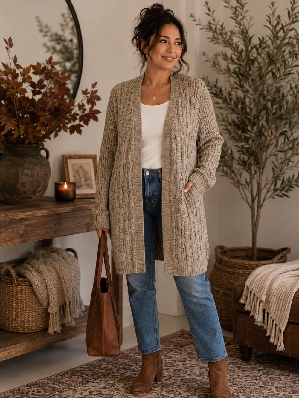 Belle by Belldini Tan Open Front Textured Cardigan Size Large